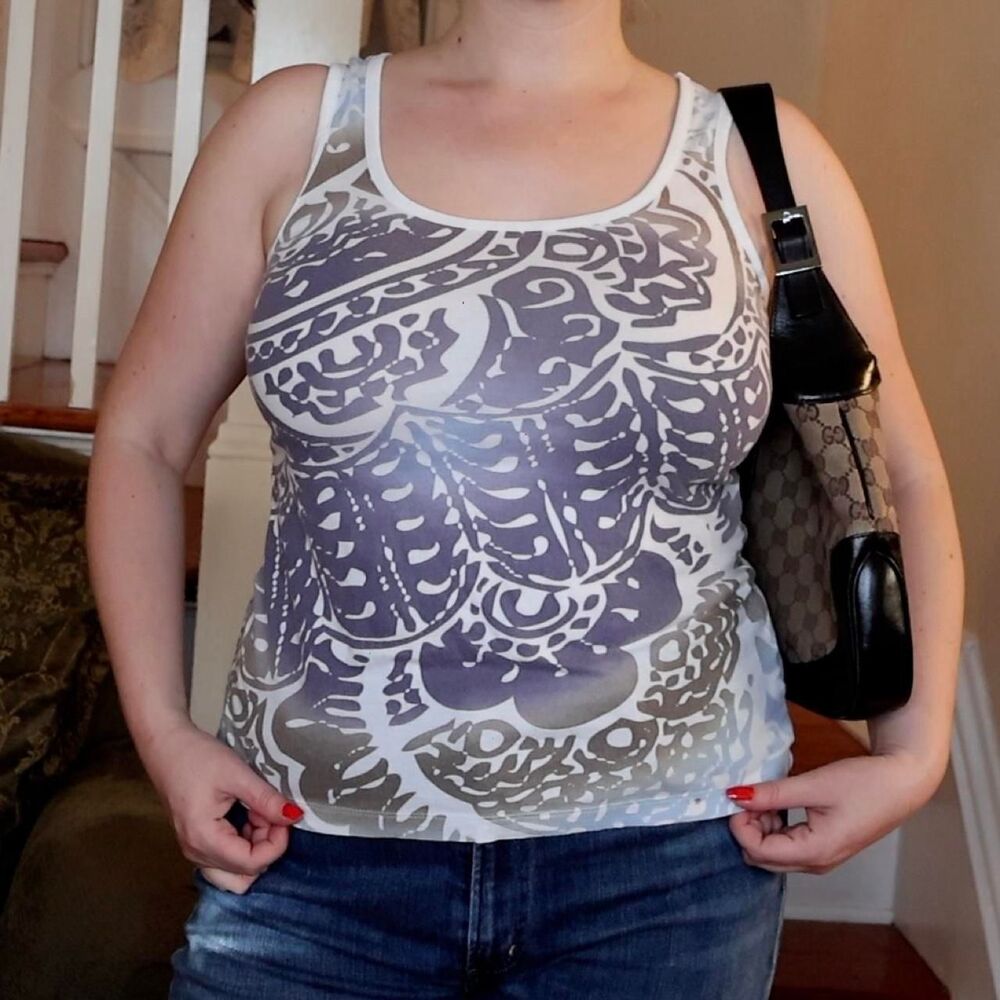 Y2K White Purple Beige Tattoo Style Tank Top Sz Medium Jersey Shore 2009 Paisley